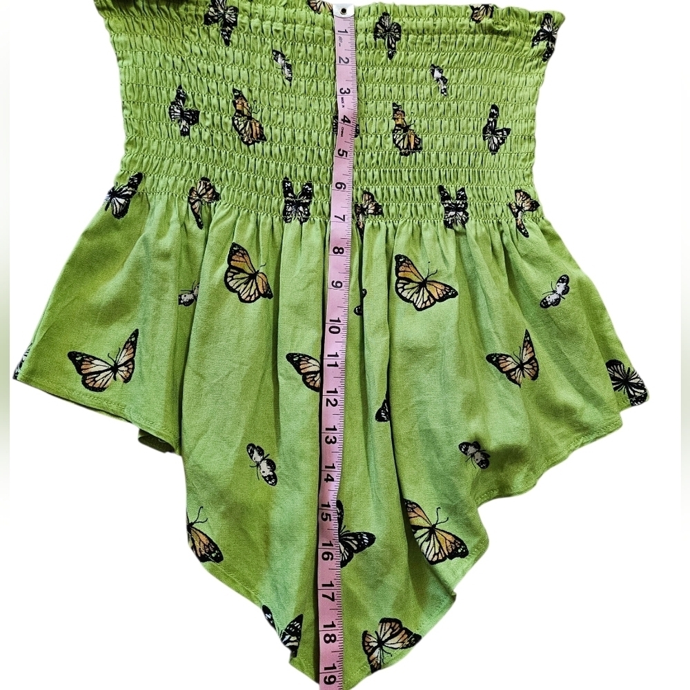 Y2K Stich & Pine Lime Green Smocked Flowy Cropped Tube Top With Butterflies - Picture 6 of 7